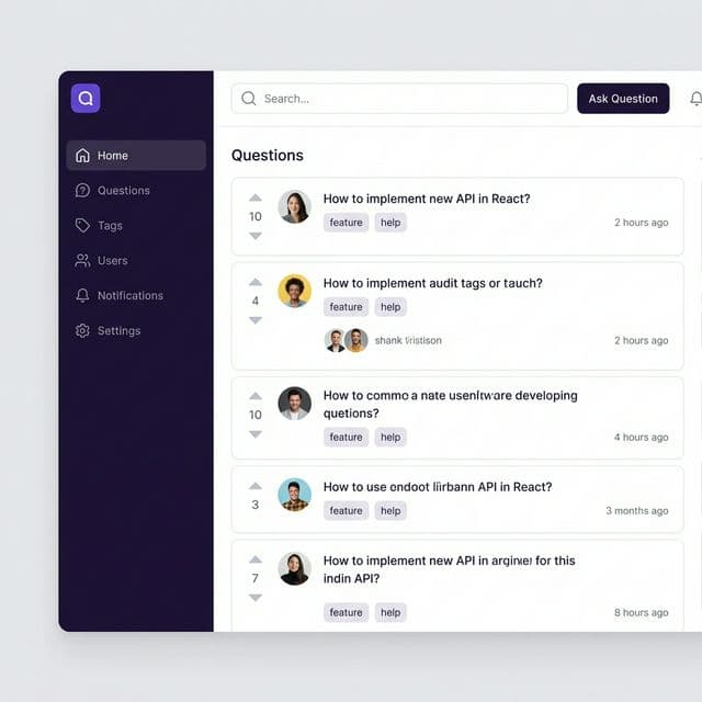 StartHub community platform — Q&A dashboard with questions, voting, and tags